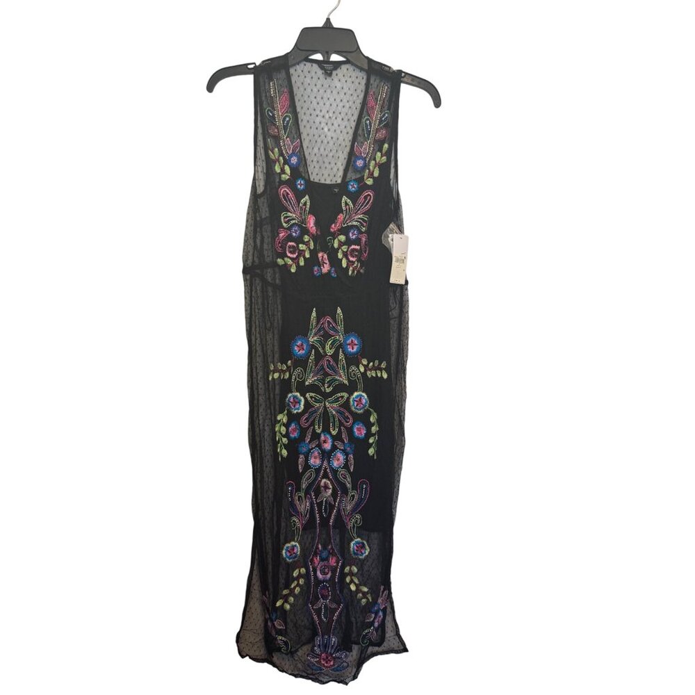 Guess Black Sheer Embroidered Floral Mesh Dress With Slip S